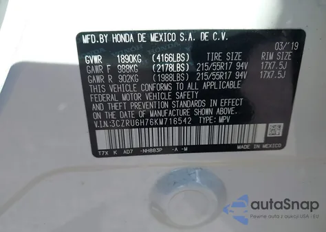 2019 Honda Hr-V Ex-L z USA, uszkodzony, nr VIN 3CZRU6H76KM716542